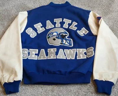 Vintage Seattle Seahawks Wool Letterman Varsity Jacket Bomber Satin Lined Medium • $299.91