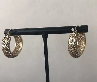 Vintage Real 14k Yellow Gold Byzantine Filigree Etched Round Hoop Earrings • $264.99