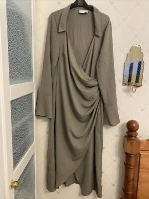 £7.99 • Buy Asos Khaki Green Mock Wrap Dress Size 18 Side Zip Sleeves