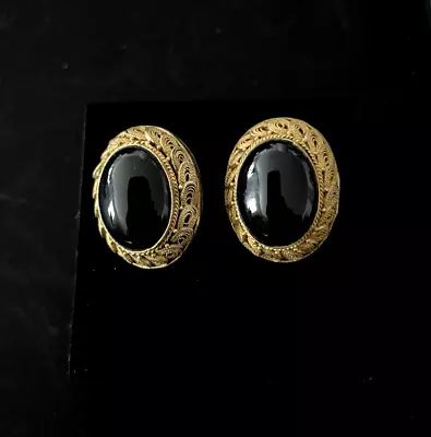 Vintage Chinese Export Filigree Vermeil Gold/Silver Earrings W/Onyx  Clip On • $48.99