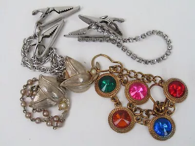 Lot Of  4 Vintage Sweater Scarf Clips Faux Pearl Rivoli Rhinestone Signed • $16