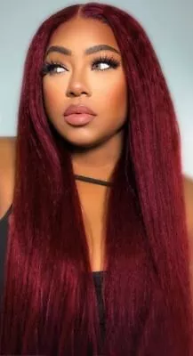 24INCH Long Yaki Straight Wig Lace Front Synthetic Burgundy Red Wigs Glueless • $43.23