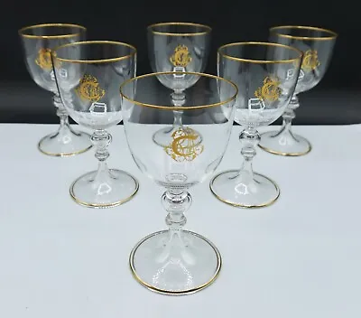 French Baccarat Crystal Beauvais Port Glasses Gold Trim & Rim MC Monogram Set 6 • $1450