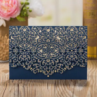 Navy Blue Elegant Lace Cut Personalised Wedding Day Evening Invitations Cards • £91.19