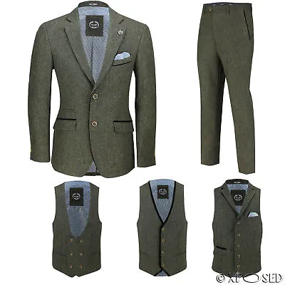 Mens Green Wool Mix Tweed 3 Piece Suit Sold Separately Blazer Trouser Waistcoat • £32.99