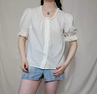 Vintage 80s White New Romantic Blouse UKL Retro Formal Office Work Cottage  • £24