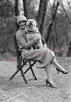 Vintage Old 1930's Photo Reprint Of Woman Holding Big Pitty PITBULL Dog On Chair • $8.50