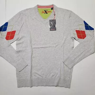 $99 • Buy ROBERT GRAHAM Medium Light Gray Blue Red Cotton & Cashmere V-Neck Men's Sweater