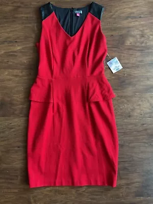 Vince Camuto Red Peplum Dress W/ Black Leather Trim 4 • $19