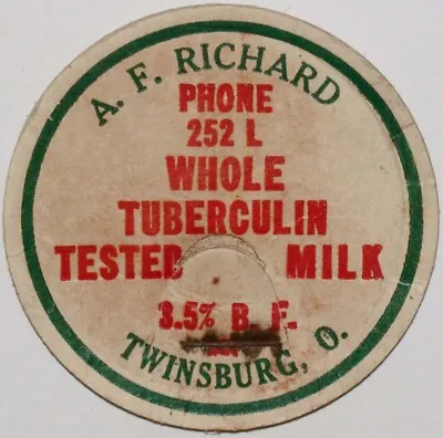 Vintage Milk Bottle Cap A F RICHARD Phone 252 L Twinsburg Ohio Used Condition • $7.49