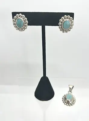 Vintage Mexico Sterling Silver 925 Turquoise Earrings And Pendant Set • $39.99