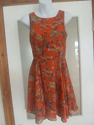 Minkpink Orange Navy And Beige Floral Skater Style Dress Size XS • £5.99