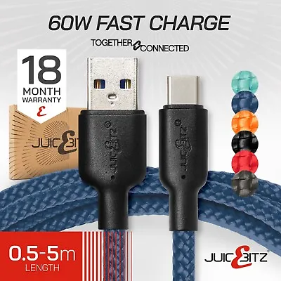 JuicEBitz® Braided USB | USB-C Fast Charger Cable For IPad Air | Pro | IPhone 15 • £10.99