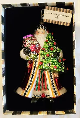 NEW MacKenzie Childs Charming FESTIVE FATHER CHRISTMAS Glass Ornament & Gift Box • $125