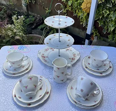 Vintage China Mismatched Tea Set & 3 Tier Cake Stand Pink Roses • £30