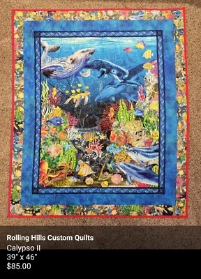 $99 • Buy Quilt, Hand Made, Calypso II, Blue, Sea Life, Crib Size, 39  X 46 , Cotton, New