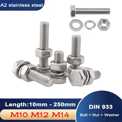 M10-M14 Hexagon Bolts Nuts Washers Hex Set Screws A2 304 Stainless Steel DIN933 • £5.03