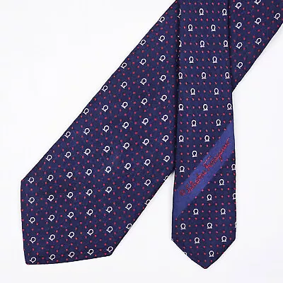 Salvatore Ferragamo Tie Necktie Gancini Logo Red Polka Dot On Dark Blue Woven • $45