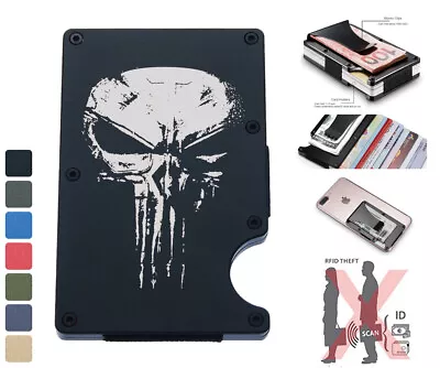 Punisher Skull Engraved Men RFID Blocking Money Clip Wallet Credit Card Holder • $22.99