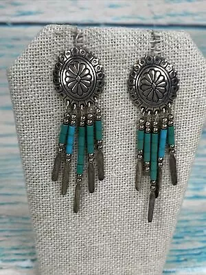 Native American Sterling Silver Turquoise Signed QT Post Dangle Earrings Lot P7 • $35