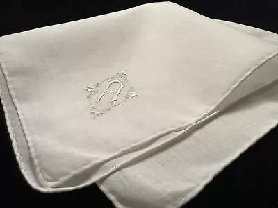 L1358++Vintage Linen Madeira Monogram “A” Gentlemen’s Men’s Pocket Handkerchief • $12.95