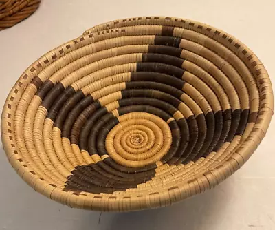Vintage 8 1/4  Hand Woven Coiled Oak Basket With Purple Designs • $25