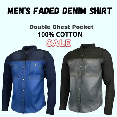 Men's Long Sleeve Faded Denim Shirt With Two Pocket S-2XL L Jack South London • £10.85