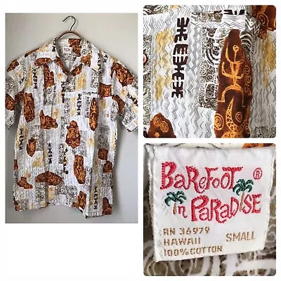 Barefoot In Paradise Hawaiian Shirt S M Tribal Gvh Von Hamm Fabric Hawaii Vtg 60 • $75