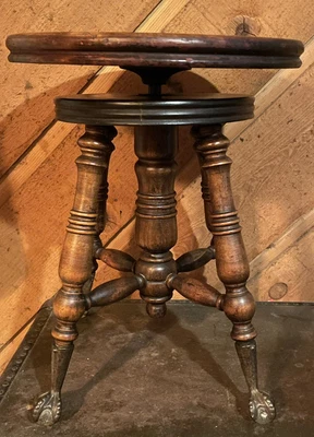 $250 • Buy Antique Piano Stool W/Brass Eagle Talon & Glass Ball Feet~Adjustable Spin Seat