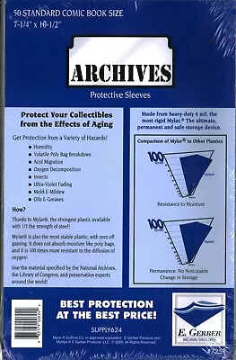 E. Gerber (4 Mil) Standard Comic Book Archives 725R (7 1/4 ) 50 Count • $29.99