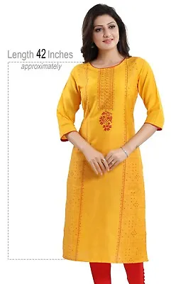 Women Ethnic Kurti Tunic Kurta Shirt Yellow Long Pakistani Cotton Dress MM287 • £18.96