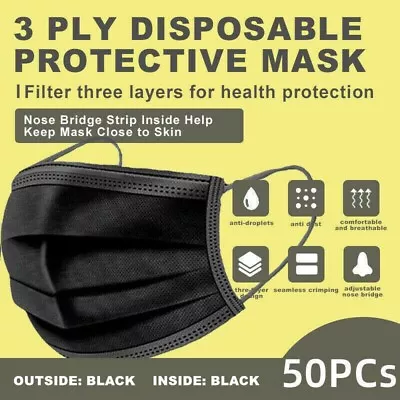 【50 Pcs】Black 3Ply Face Mask Disposable Non Medical Surgical Earloop Mouth Cover • $4.90