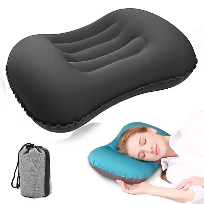 Inflatable Air Pillow Camping Sleep Pillow Travel Hiking Beach W/ Storage Bag • £9.89