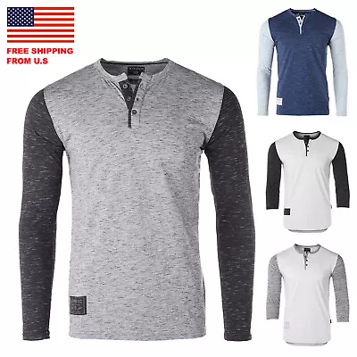 ZIMEGO Mens Contrast 3/4 And Long Sleeve College Button Henley Athletic T Shirt • $17.55