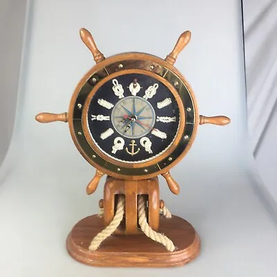 13  Ships Wheel Mantle Clock Wood Block & Tackle Nautical Sailing Knots Brass • $36.27