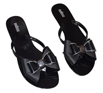 Melissa Harmonic Bow Sandals Womens 7 Black Jelly Flip Flop Slip On Flat Shoes • $20.40