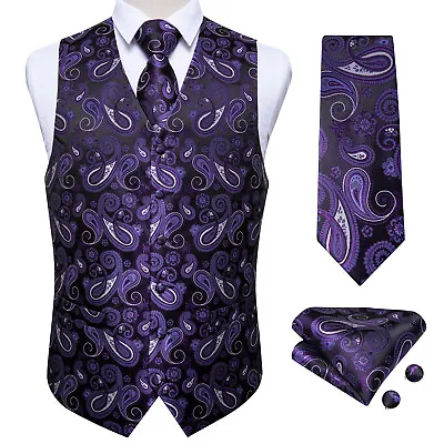 Men's Waistcoat Vintage Purple Floral Silk Wedding Formal Vest Suit Tie Set Prom • $24.99