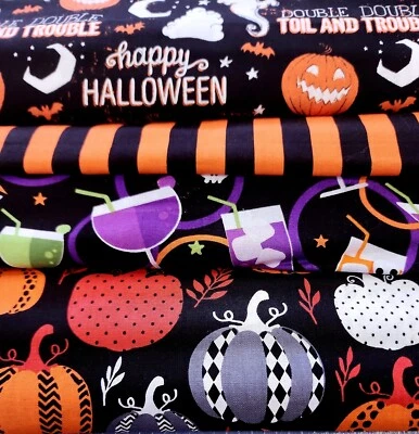$7.99 • Buy 4   Fat  Quarters Cotton Fabric Halloween Skull Martini Pumpkin Ghost 