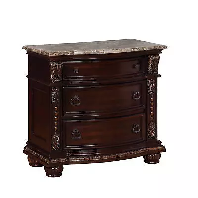 Traditional Style End Table 3-Drawer Nightstand With Marble Top Rich Brown Wood • $637