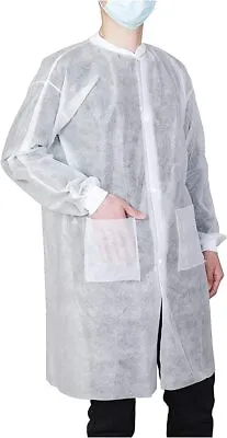 Case Of 50 Disposable Lab Coats 2 Pockets W/ Knitted Cuffs Collar (S-2XL) • $77.99