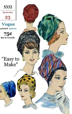 Vogue #5332 TURBAN Hat Cap Fabric Sewing Pattern Chemo Cancer Alopecia 23  Easy • $5.49