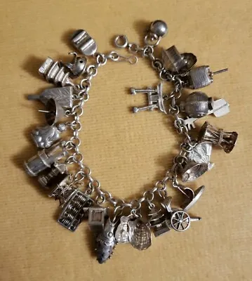 Rare Vintage Sterling Silver 950 ASIAN 26 Charm Bracelet Articulated Fish 33g • $165