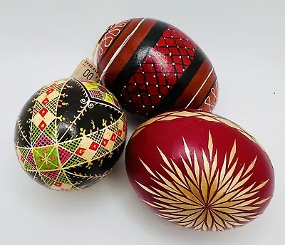 Pysanky Handpainted Polish Ukrainian Set Of 3 Vintage Easter Real Chicken Eggs • $29.99