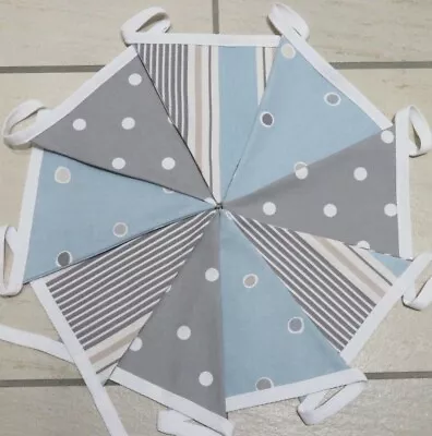 Clarke & Clarke Sail Stripe & Dotty Bunting 3m 9 Flg Duck Egg Blue Grey Seaside • £17.50