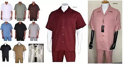 Men's 2pc Walking Suit Short Sleeve Casual Shirt & Pants Set  Solid  M-2954  • $46.89