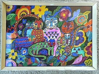 Outsider Art Crazy Cats Painting Paper Vivid Unsigned Framed Bad Art Kitsch  • $750