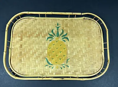 1 Vintage Wicker Rattan Bamboo Serving Tray Tiki Stacking Mid Century Pineapple • $9.28