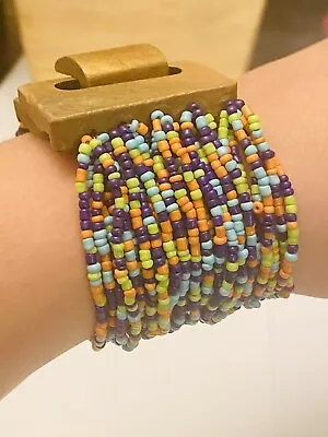 MONIES GERDA LYNGGAARD Wood Buckle Multi Glass Bead STATEMENT BRACELET Purple • $34.20