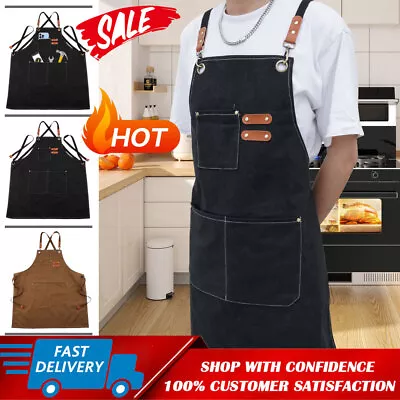 Men Women Thick Canvas Denim Bib Apron Kitchen Cooking Workshop Heavy Work Apron • $11.55