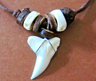 Shark Tooth Necklace Real Teeth Pendant Brown Cord Wood Beads Surf Boy Men Women • $9.85